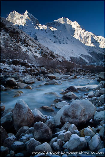 Rights Managed Stock Photo: Sun Rising Above The Imja Khola River