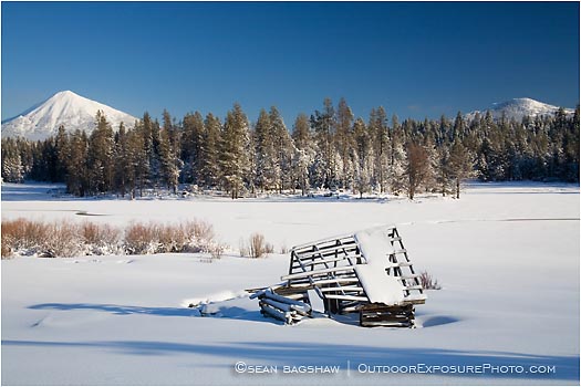 Rights Managed Stock Photo: Mt. McLaughlin and Old Barn in Winter