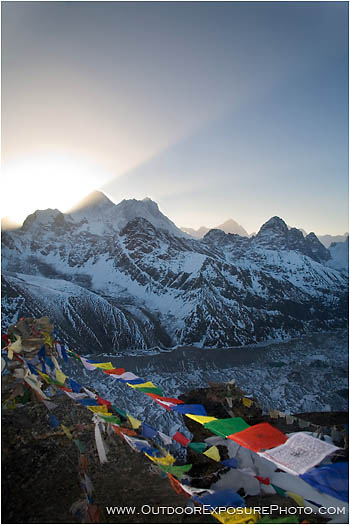 Sun Rays And Prayer Flags Radiating Stock Image, Mt. Everest, Nepal Sun Rays And Prayer Flags Radiating Stock Image, Mt. Everest, Nepal