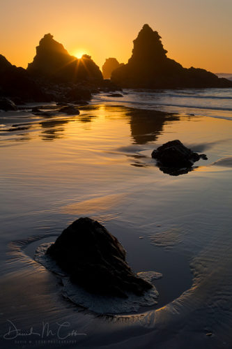 Sunset over sea stacks at the Jug Handle Beach Reserve, near Mendocino, California. USA